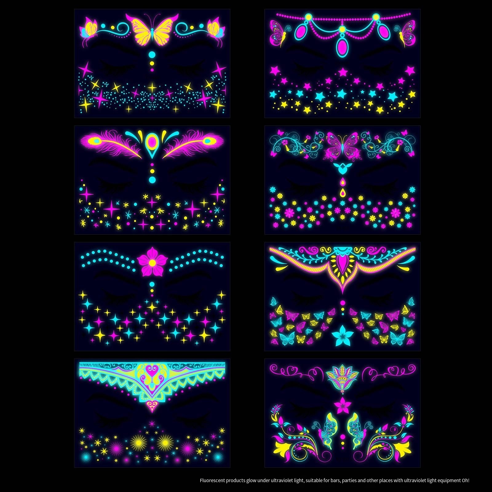 2024 Trend Glow in The Dark Tattoos Stickers Fake Luminous Face Temporary Tattoos for Festival Bar Party