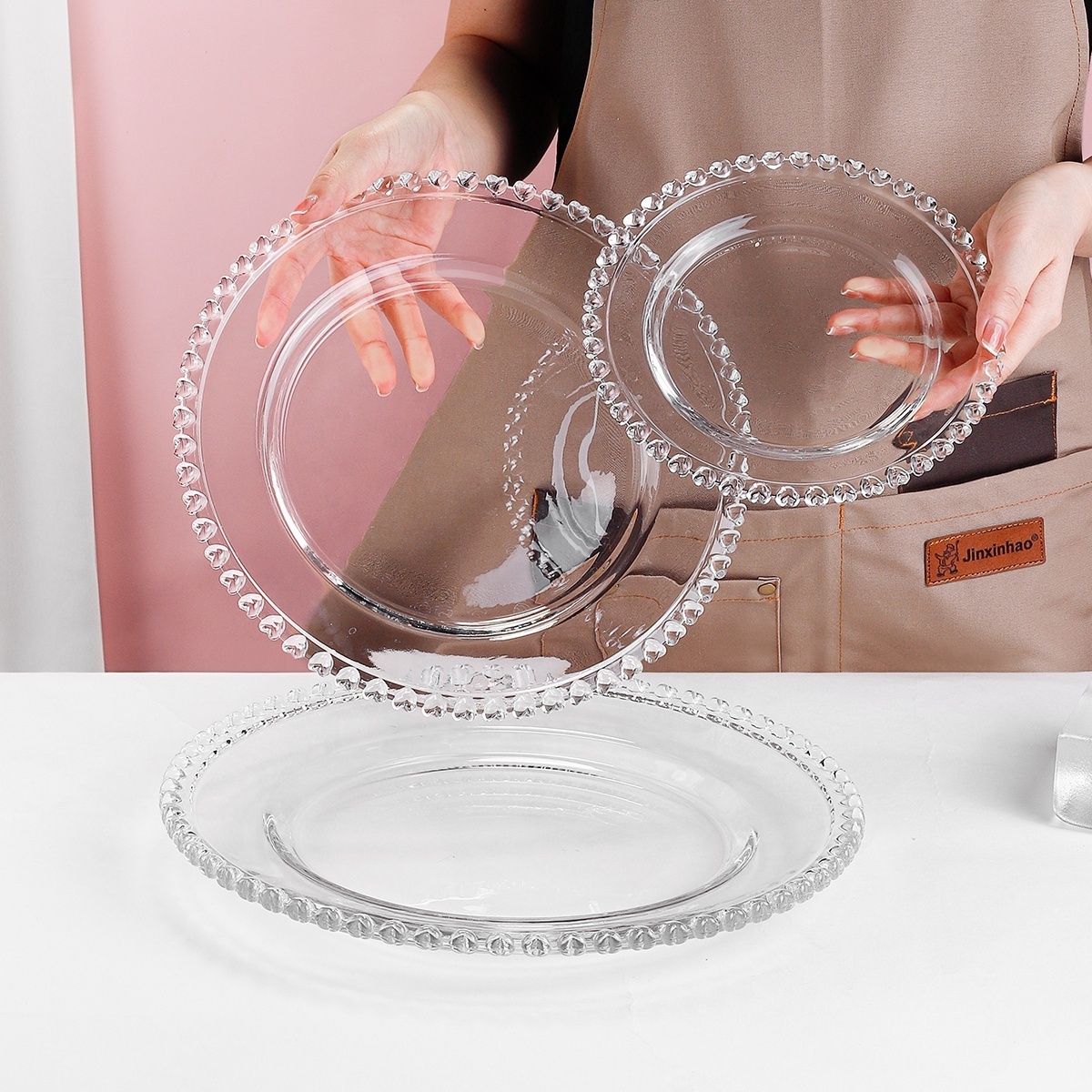 In Stock Promotion Glass Dishes Plate Glass Diner Plate Clear Glass Dinner Set Charger Plates Wedding With Heart Rim