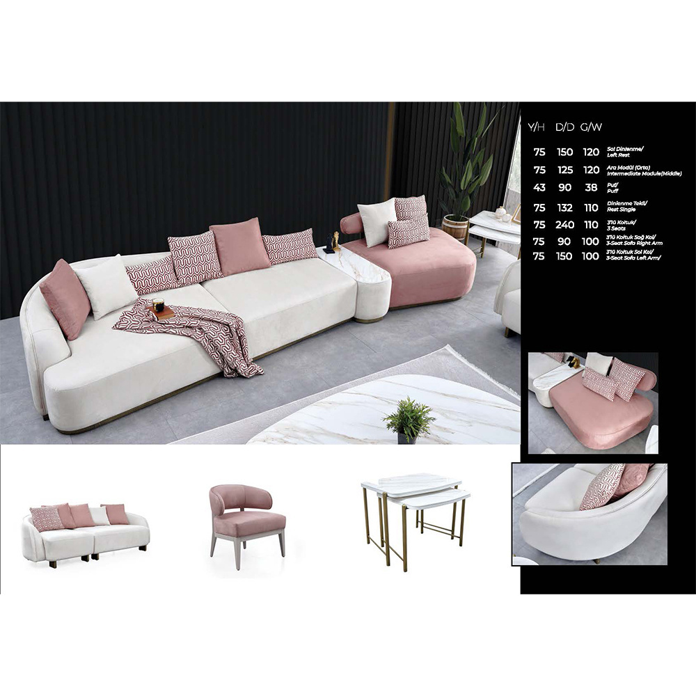 Italian Luxury Turkish Modern Living Room Furniture Curved Sofa Set Furniture Curve Nordic French Modular Design Pink Velvet