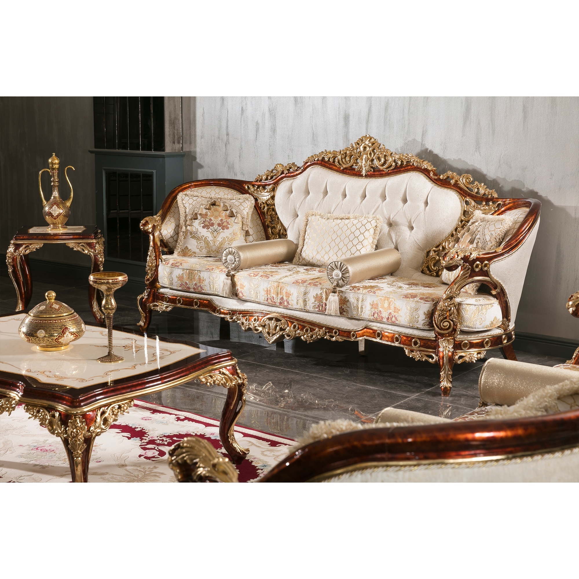 Turkish Middle East Eastern Luxury Classical Traditional Antique Royal Hand Carved Sofa Set Living Room Furniture Set