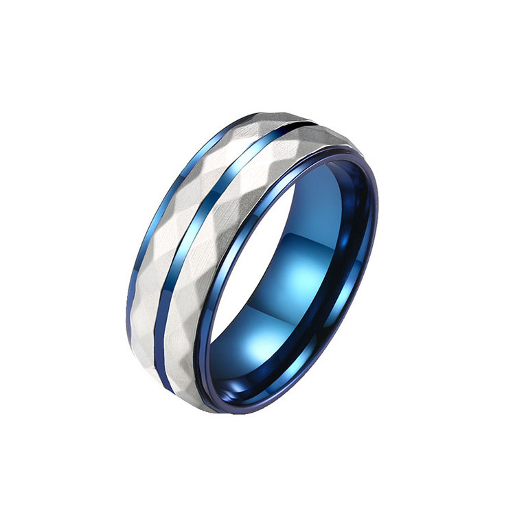 Custom Wholesale Hammered Two-tone Stainless Steel Men Fashion Jewelry Modern Blue Double Color Finger Ring