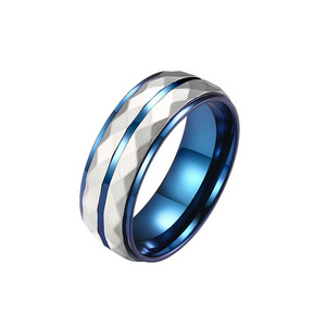 Custom Wholesale Hammered Two-tone Stainless Steel Men Fashion Jewelry Modern Blue Double Color Finger Ring