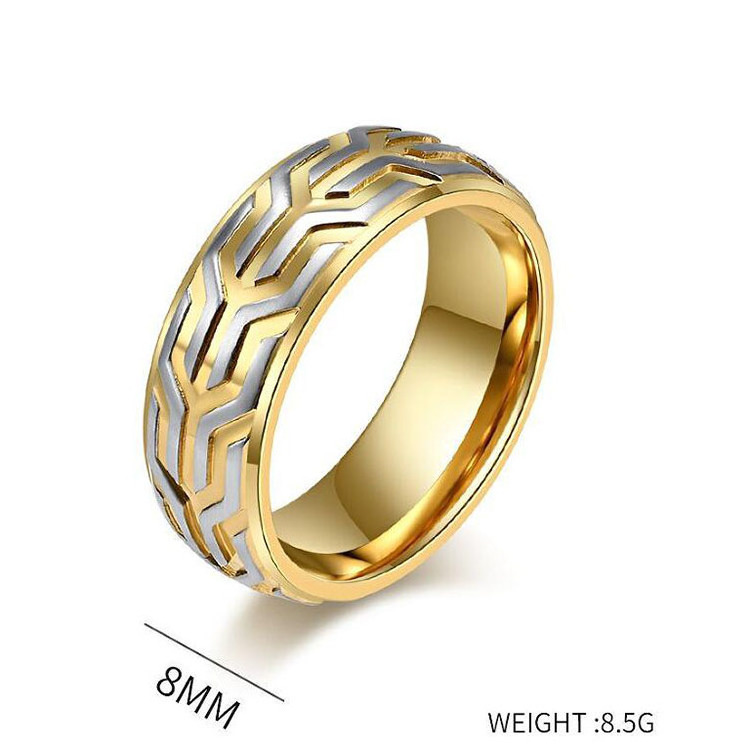 Wholesale Male 18K Gold Plated Stainless Steel Jewelry Accessories Engraved Embossed Car Tread Mens Finger Ring