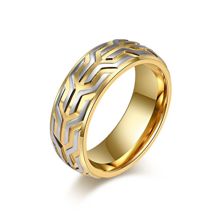 Wholesale Male 18K Gold Plated Stainless Steel Jewelry Accessories Engraved Embossed Car Tread Mens Finger Ring