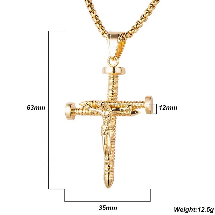 New Design Gold Plated Stainless Steel Nail Cross Jesus Pendant