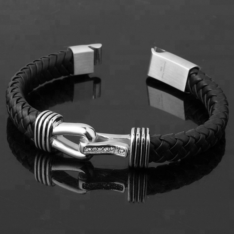 Marlary Fashion Accessories Stainless Steel Black Leather Mens Bracelet Wholesale Man Bracelet Leather Steel