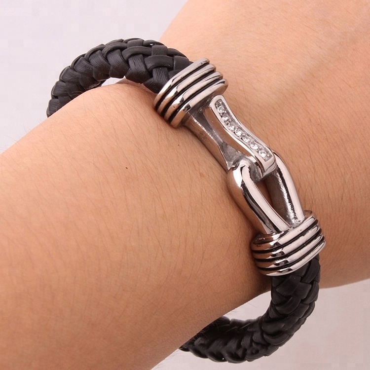 Marlary Fashion Accessories Stainless Steel Black Leather Mens Bracelet Wholesale Man Bracelet Leather Steel