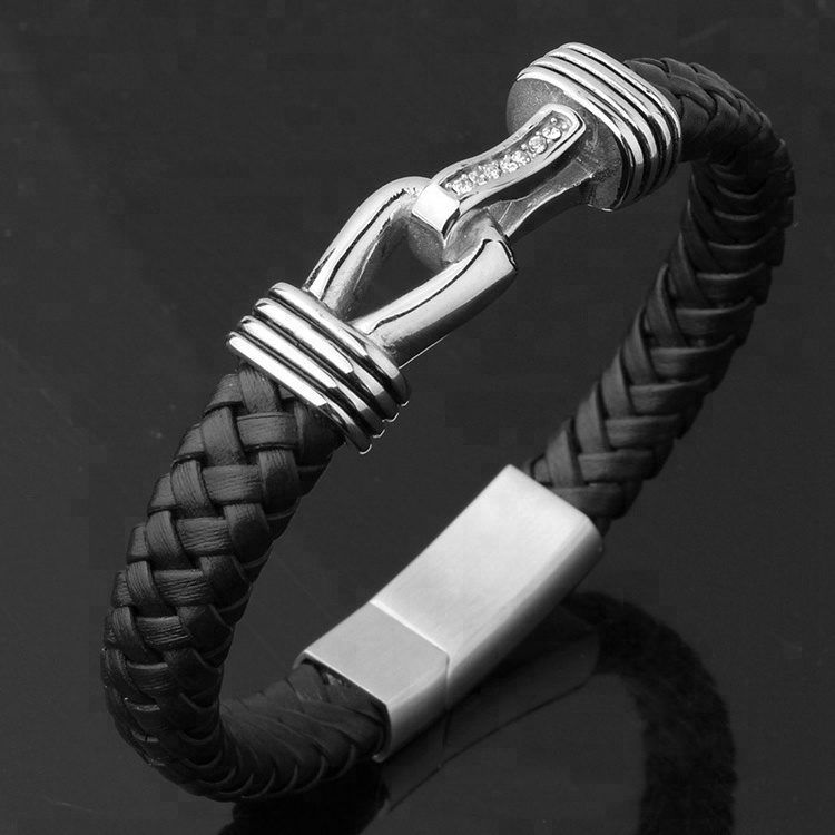 Marlary Fashion Accessories Stainless Steel Black Leather Mens Bracelet Wholesale Man Bracelet Leather Steel