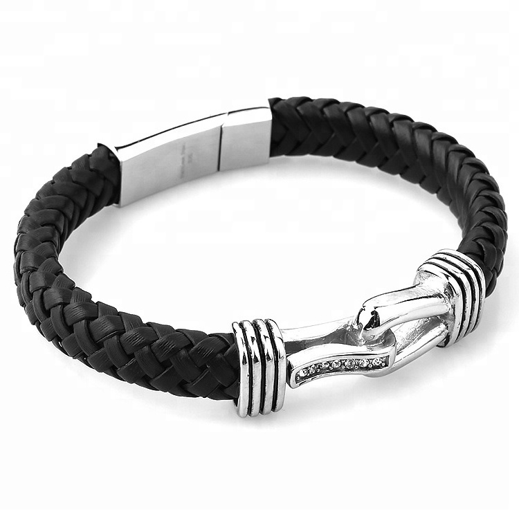 Marlary Fashion Accessories Stainless Steel Black Leather Mens Bracelet Wholesale Man Bracelet Leather Steel