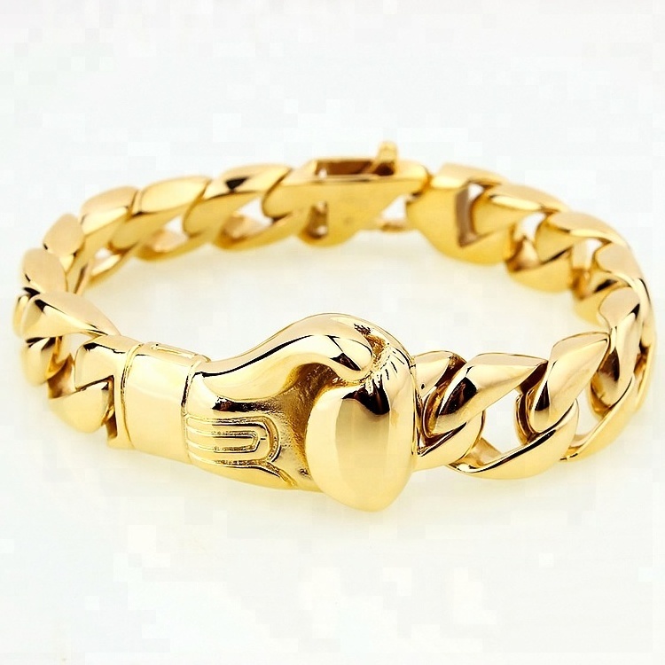 Marlary Unique 18K Gold Plated Cuban Link Chain Casting Boxing Glove Men Bracelet Stainless Steel