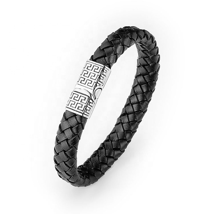 The Great Wall Pattern Stainless Steel Clasp For Men Braided Leather Bracelet