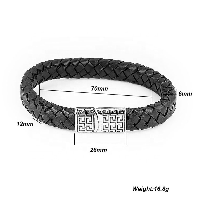 The Great Wall Pattern Stainless Steel Clasp For Men Braided Leather Bracelet