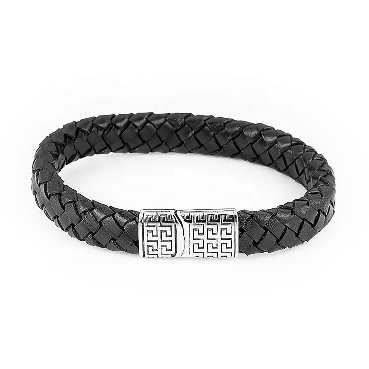 The Great Wall Pattern Stainless Steel Clasp For Men Braided Leather Bracelet