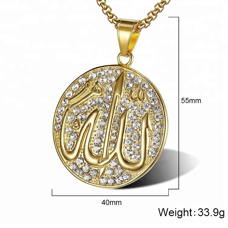 Gold Saudi Arabia Iconic Iced Allah Muslim Islamic Stainless Steel Cz Stones Flame Shape Necklace Pendant For Men