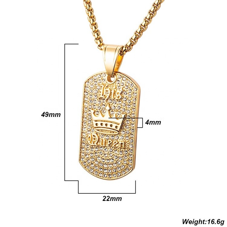 Custom Wholesale Stainless Steel Crown Queen 1918  Iced Out Bling Cubic Zirconia Rectangle Cage Dog Tag Pendant