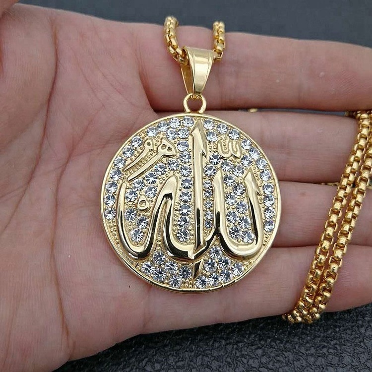 Gold Saudi Arabia Iconic Iced Allah Muslim Islamic Stainless Steel Cz Stones Flame Shape Necklace Pendant For Men