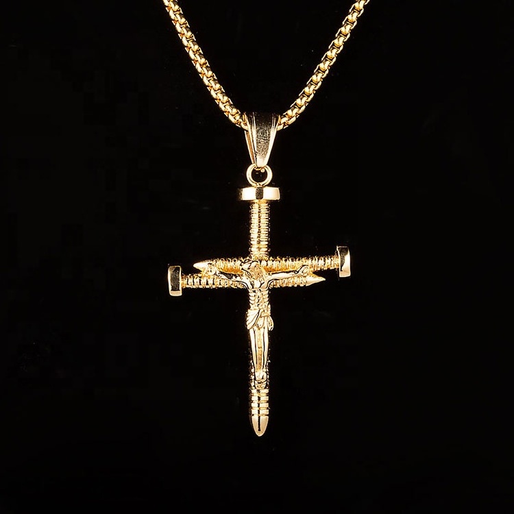 New Design Gold Plated Stainless Steel Nail Cross Jesus Pendant