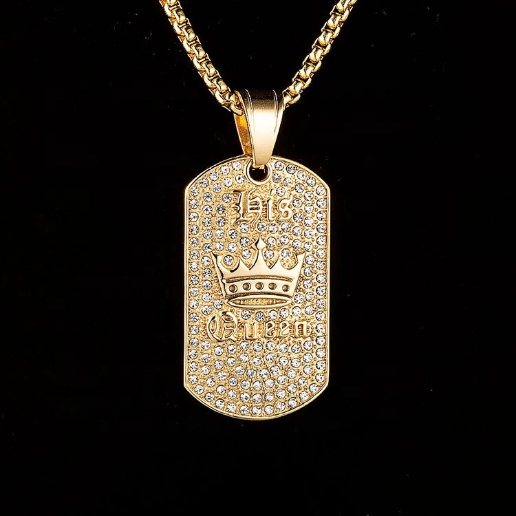 Custom Wholesale Stainless Steel Crown Queen 1918  Iced Out Bling Cubic Zirconia Rectangle Cage Dog Tag Pendant