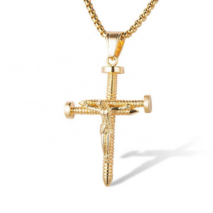 New Design Gold Plated Stainless Steel Nail Cross Jesus Pendant