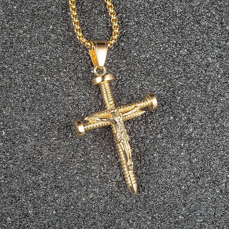 New Design Gold Plated Stainless Steel Nail Cross Jesus Pendant