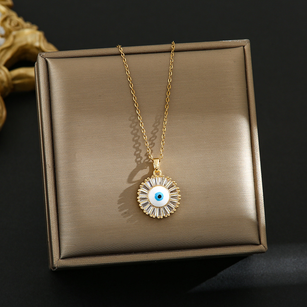 MARONEW manufacturer Fashion jewelry 18K Gold Plated Stainless Steel chain cz Zircon Evil Eyes Sun Gemstone pendant Necklace