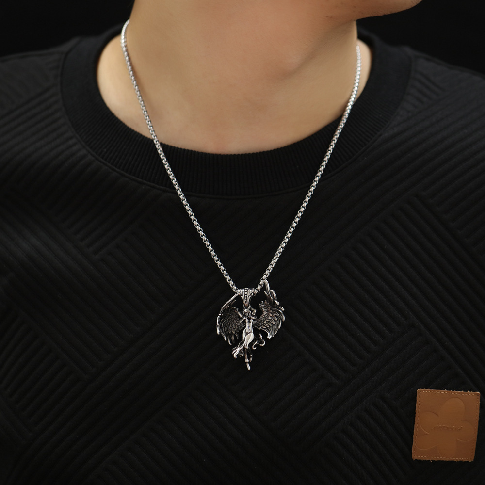 MARONEW Fashion jewelry Stainless steel Design Guardian Angel retro wings pendant necklace men