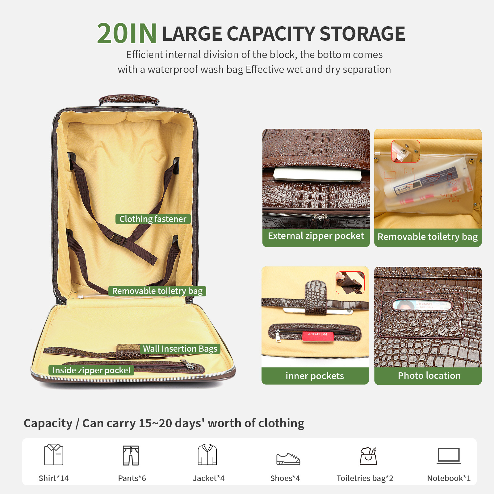 MARRANT Men Business Crocodile Luggage 20 Inch Suitcase Carry On Luggage Aluminum Suitcase Trolley Leather Suitcase Luggage