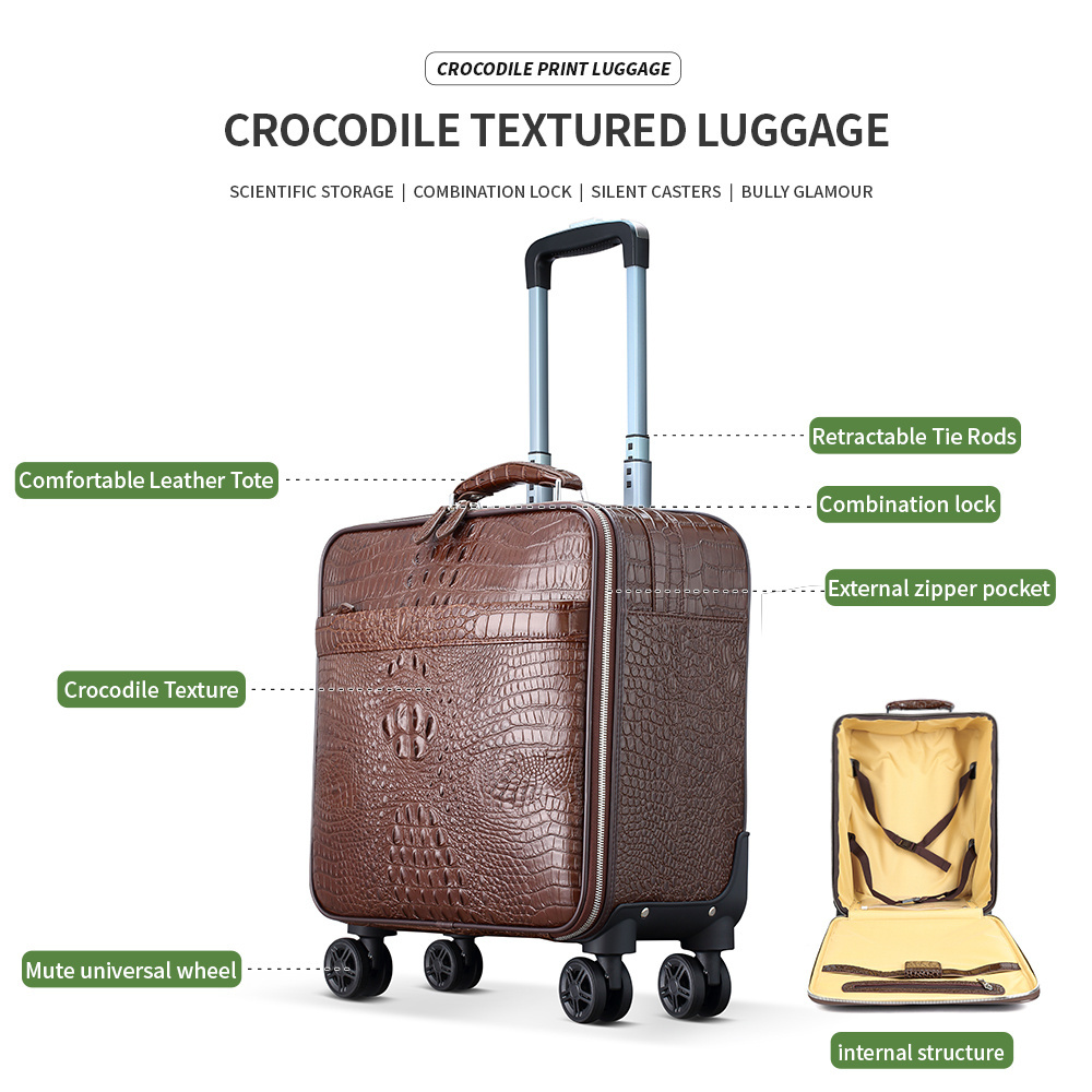 MARRANT Crocodile Print Genuine Leather Men 18 Inch Trolley Luggage Travel Suitcase Luggage Aluminum Leather Suitcase Luggage