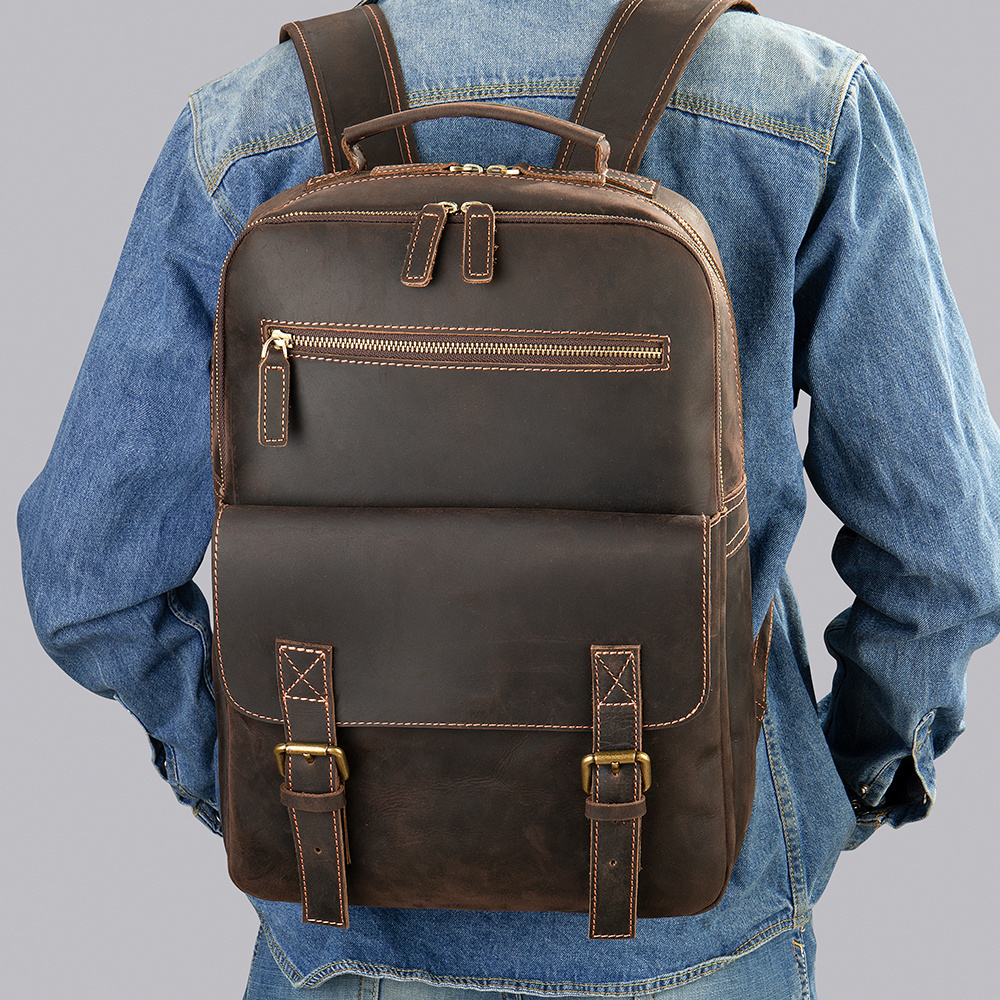 Marrant Men Vintage Hiking Travel Bag Camping Rucksack 15 inch Laptop Backpack Genuine Leather Backpack for Men