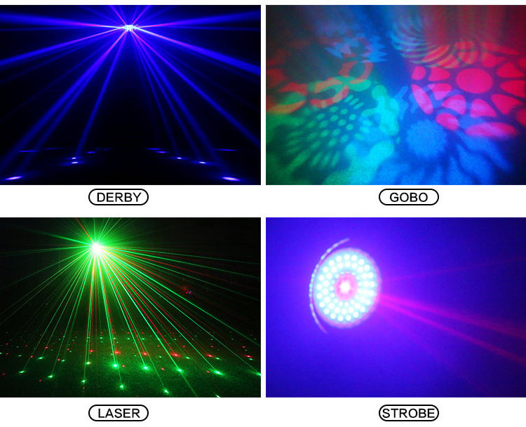 Fashion new arrival hotsale RGBW 4FX-IN-1 strobe +gobo +derby +laser combine led stage effect light