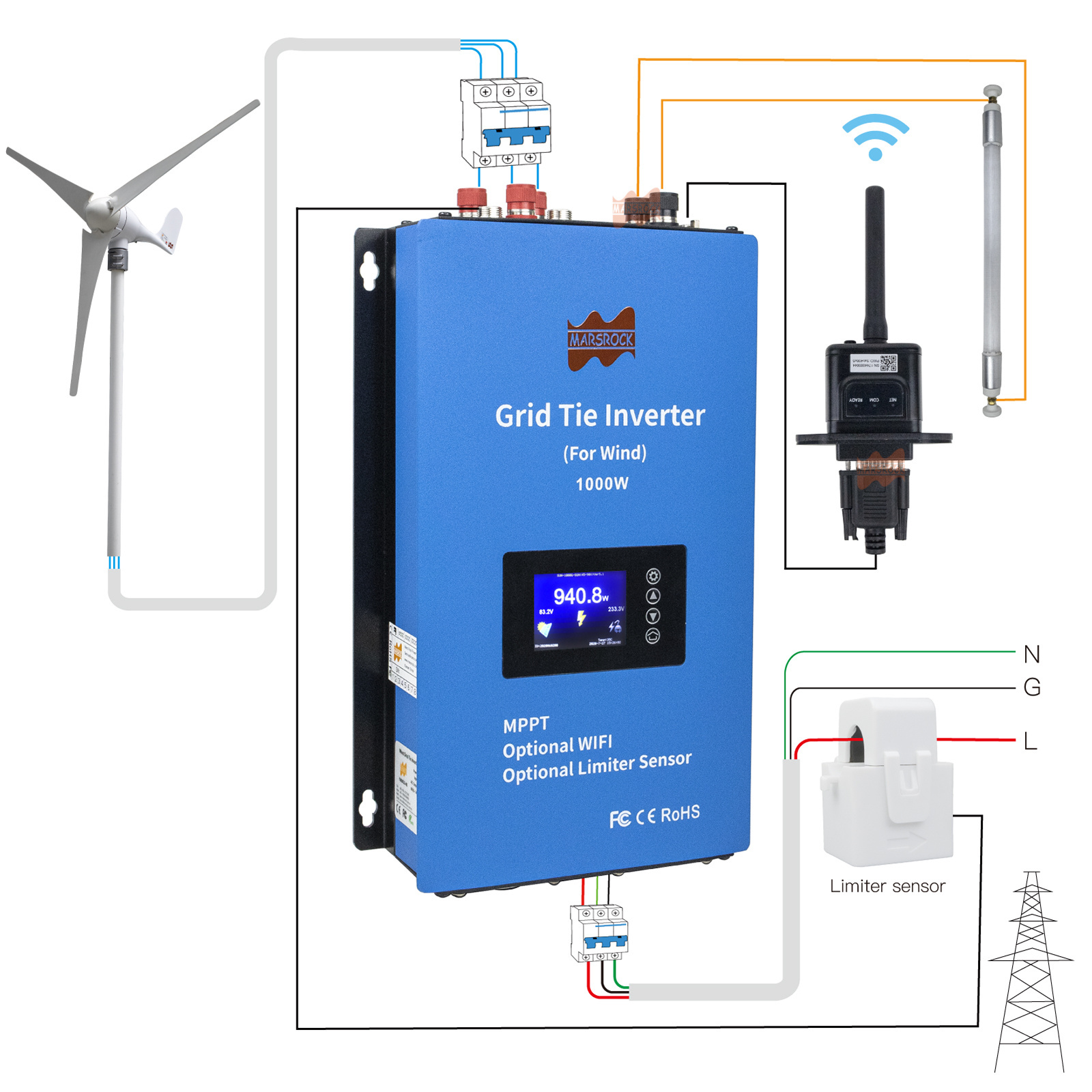 120V 230V 240V 1000W 2000W Inverter for 24V 48V Wind Turbine with Limiter Sensor WIFI Grid Tie Wind Power Inverter