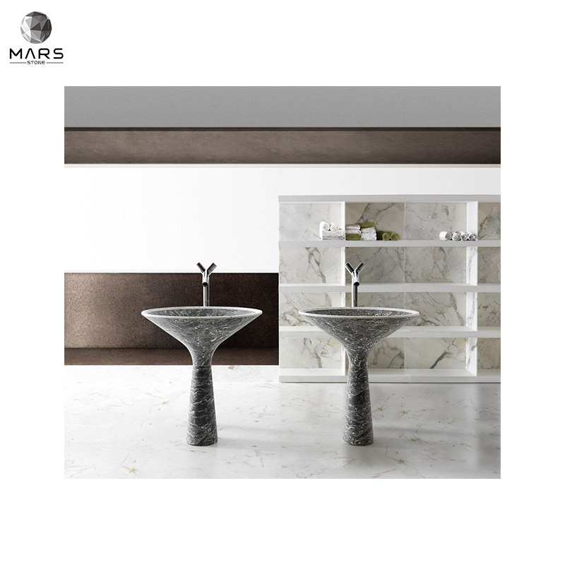 Natural Grey Marble Free Standing Basin Wash Sink Artistic Design For Bathroom Used