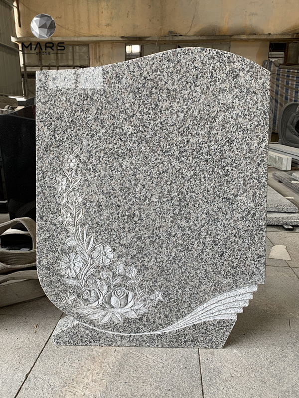 Custom Size Black And Grey Granite Flower Carving Headstone With A Set Vase Monument