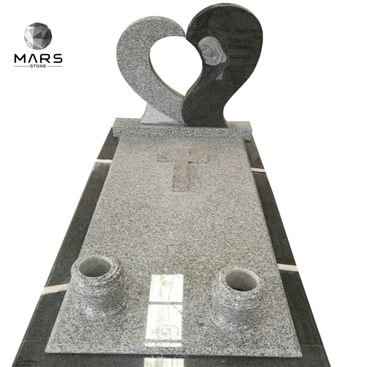 Custom Size Black And Grey Granite Flower Carving Headstone With A Set Vase Monument