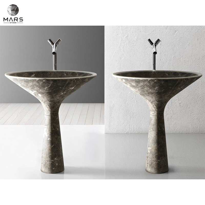 Natural Grey Marble Free Standing Basin Wash Sink Artistic Design For Bathroom Used