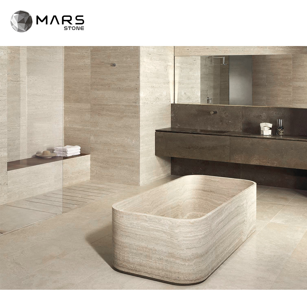 Modern Natural Italian Ivory Beige Travertine Holes Unfilled Bathtub Wall Cladding for Bathroom