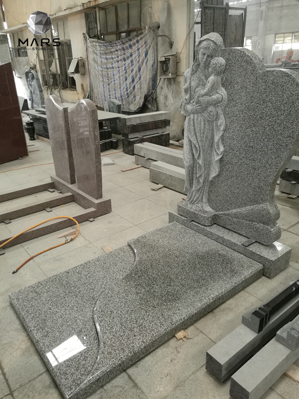 Custom Size Black And Grey Granite Flower Carving Headstone With A Set Vase Monument