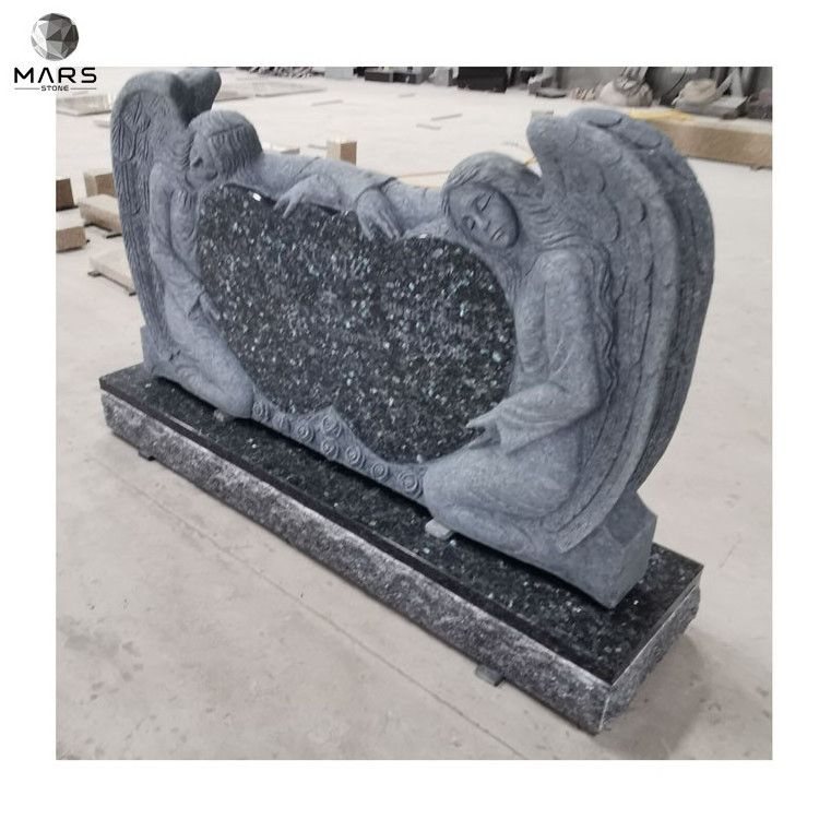 Chinese Granite Blue Pearl Wings Around Heart Headstone Monument,Headstone Angel Tombstone