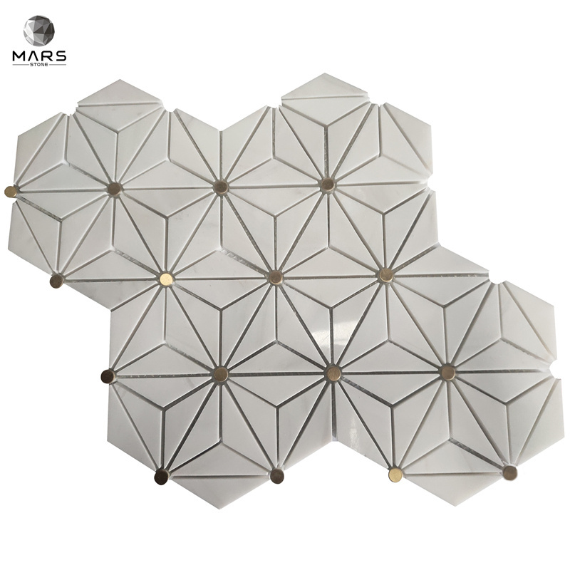 American Style Triangle Hexagon Dolomite Brass White Marble Mosaic Floor and Wall Tiles