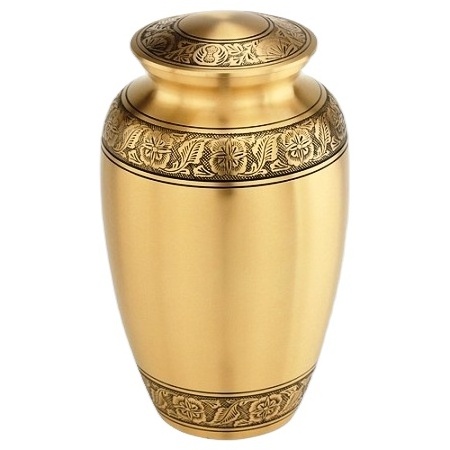 Unique Hand Crafted Floral Design Metal Gold Metal Adult Ashes Cremation Urn with Matching Miniature Keepsake for Human Funeral