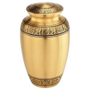 Unique Hand Crafted Floral Design Metal Gold Metal Adult Ashes Cremation Urn with Matching Miniature Keepsake for Human Funeral