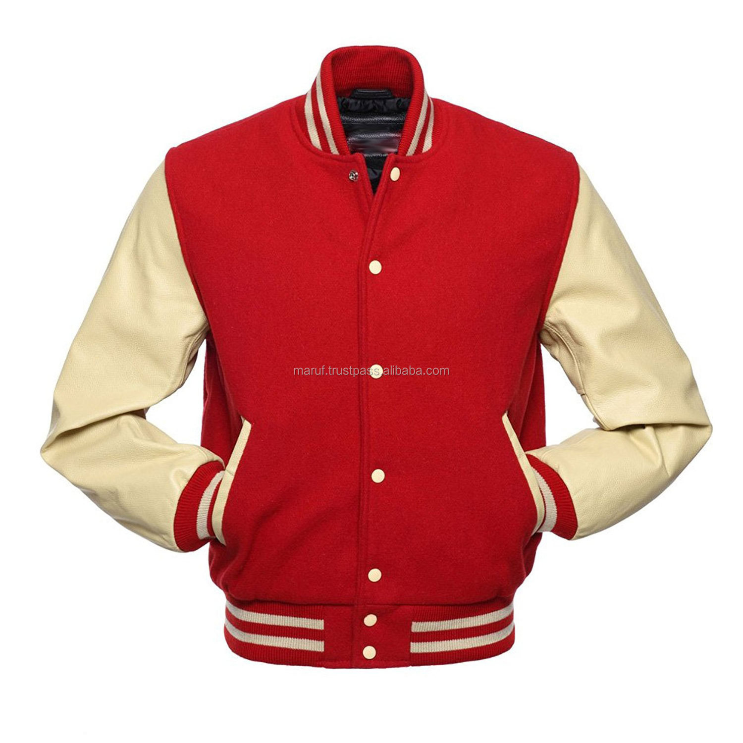 Baseball Winter Wool Red Color Cream Leather Sleeves Men Coat Varsity Custom Winter Jacket