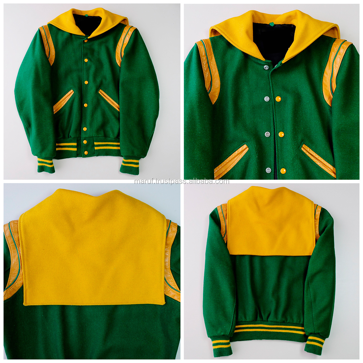 MSWSCVJ02 Maruf Mfg Co Yellow sailor collar green wool body leather on shoulder college varsity jacket