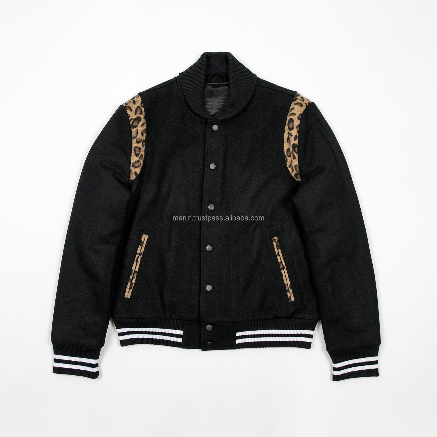 Varsity Wool Baseball Jacket with Cow Hide Printed Leather Shoulder Inserts MSWVJ138