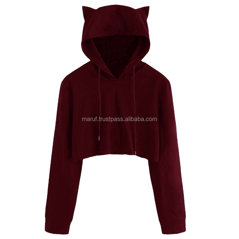 MSWWH05 Pullover custom women crop top maroon cat ears hoodie