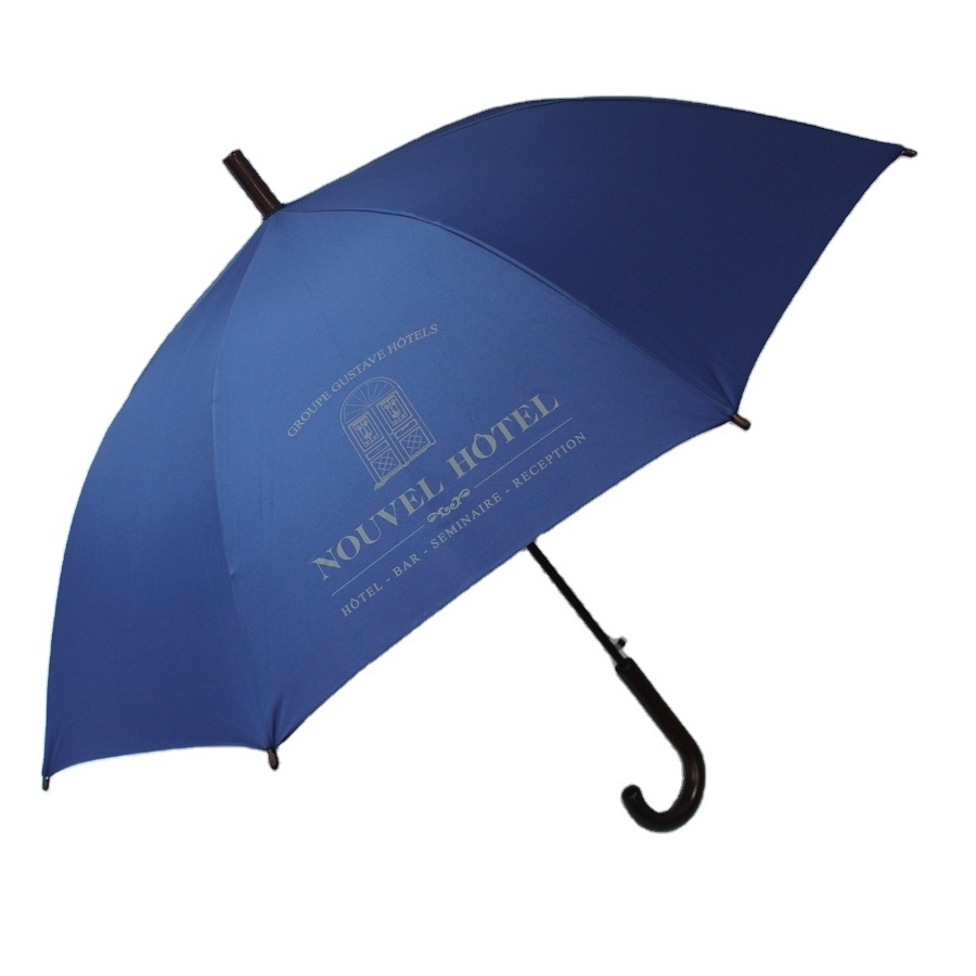 Custom Logo Printing Straight Umbrella With Wooden Handle  23inch Auto Open  Umbrella For The Rain Waterproof