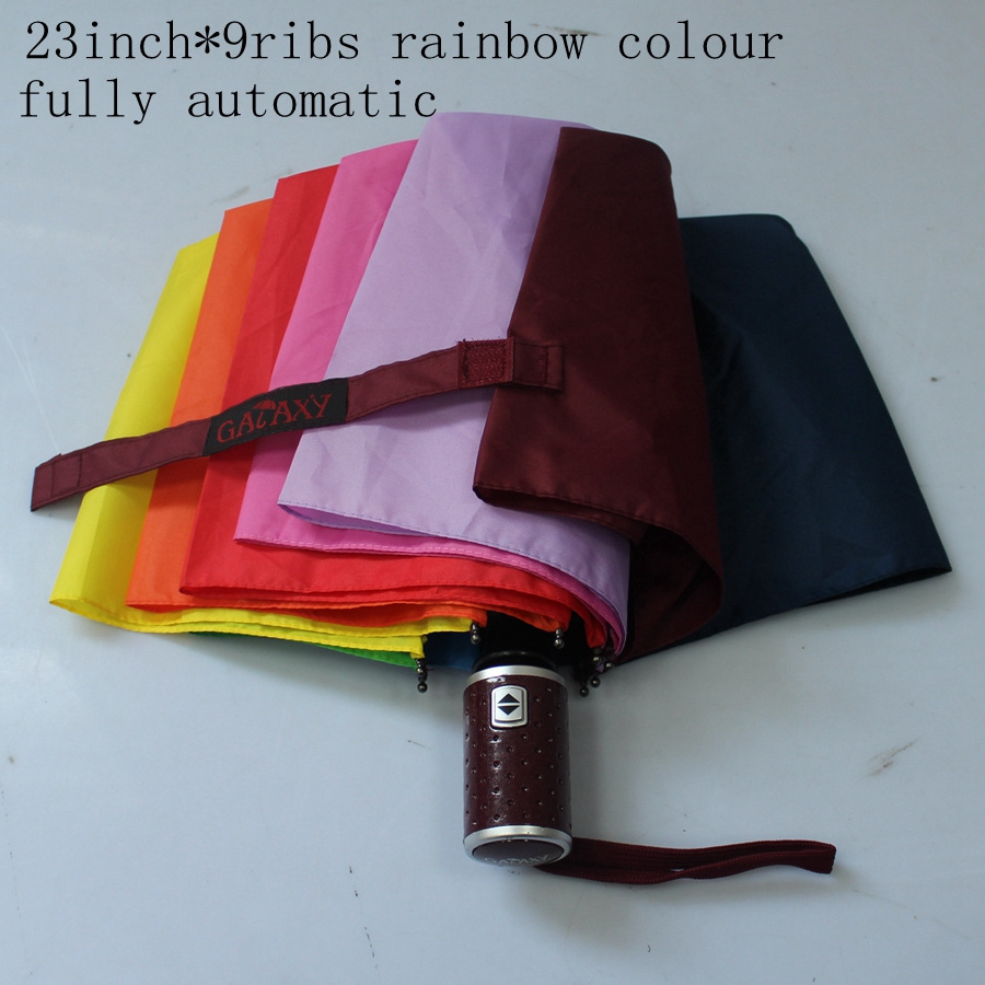 Wholesale 23inch 9ribs  fully automatic three foldable umbrella  high quality  rainbow foldable umbrella