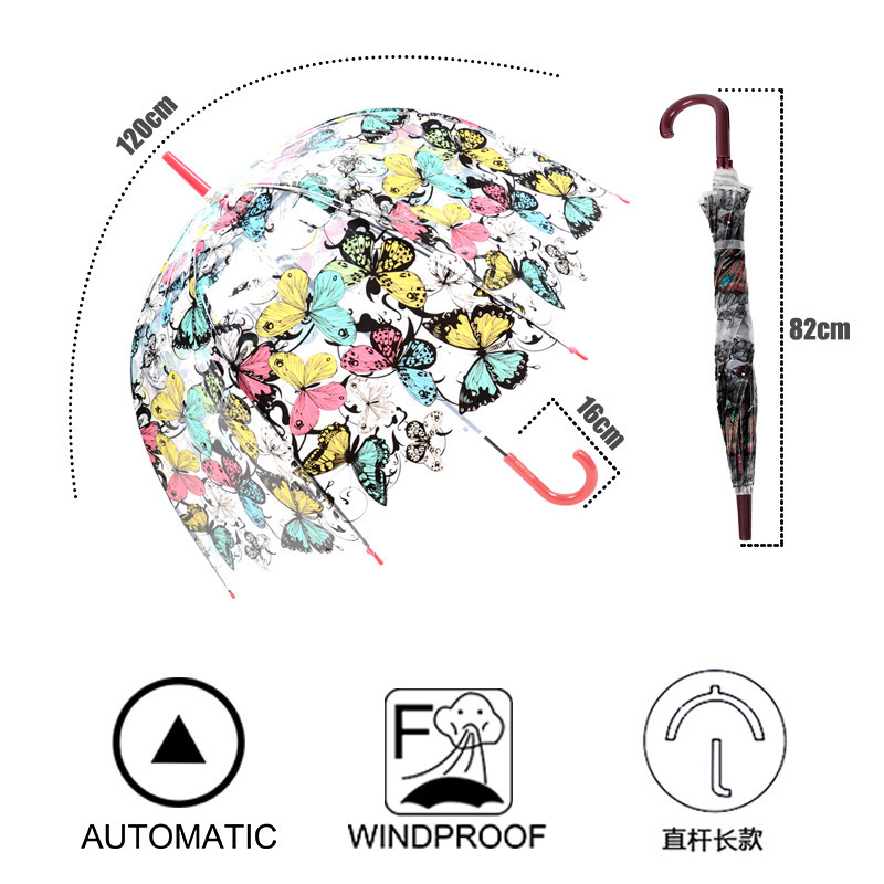 POE Fashion Transparent Apollo Umbrella Butterfly Print Straight Bone Umbrella