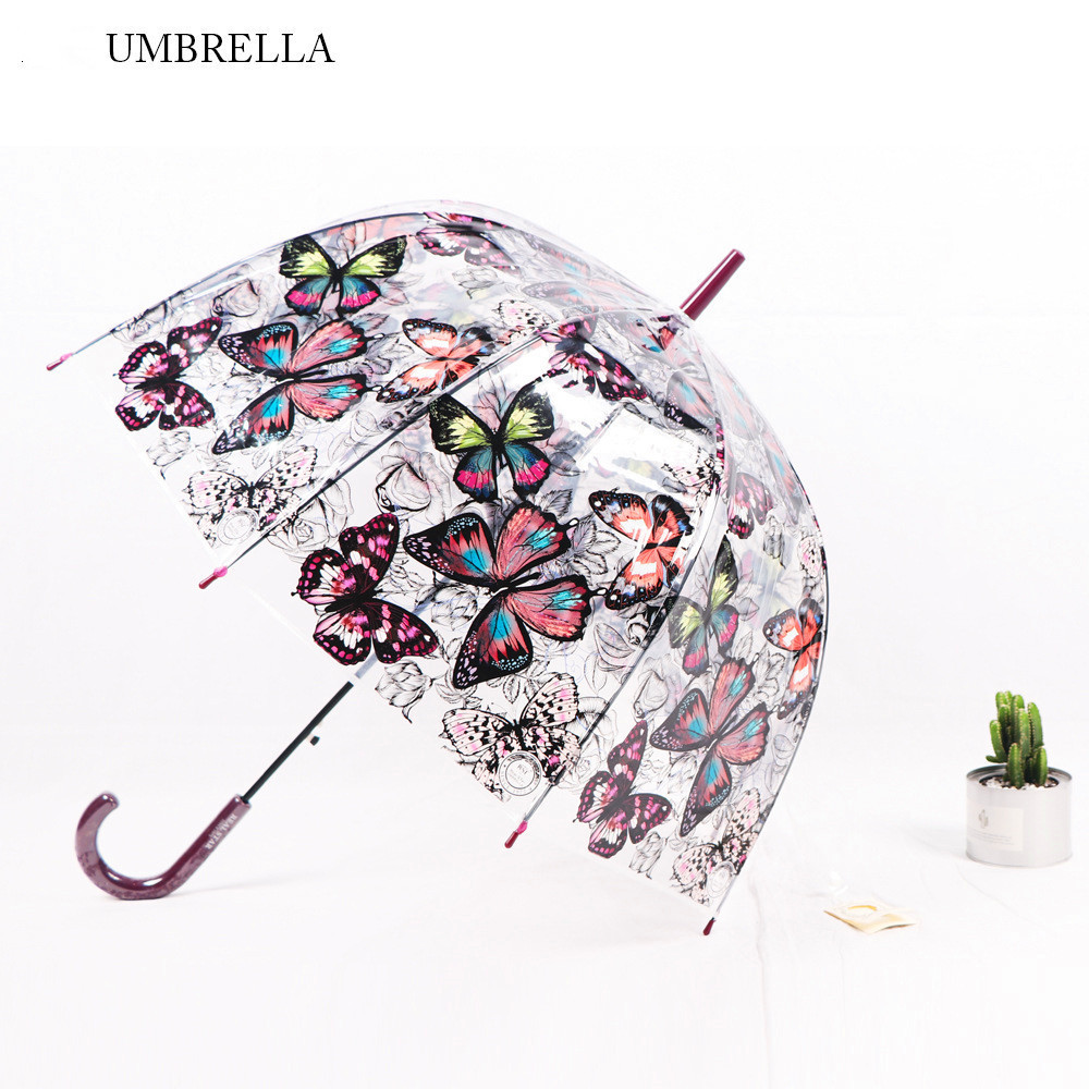 POE Fashion Transparent Apollo Umbrella Butterfly Print Straight Bone Umbrella