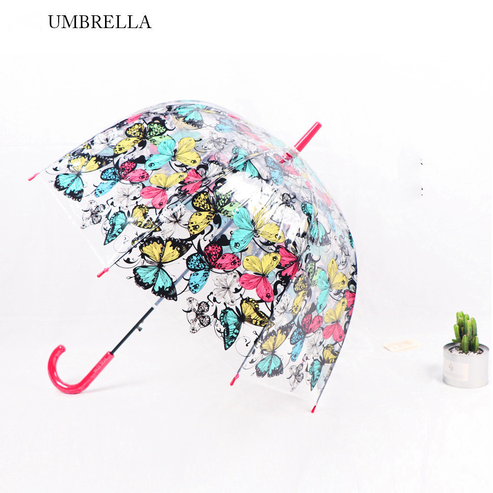 POE Fashion Transparent Apollo Umbrella Butterfly Print Straight Bone Umbrella